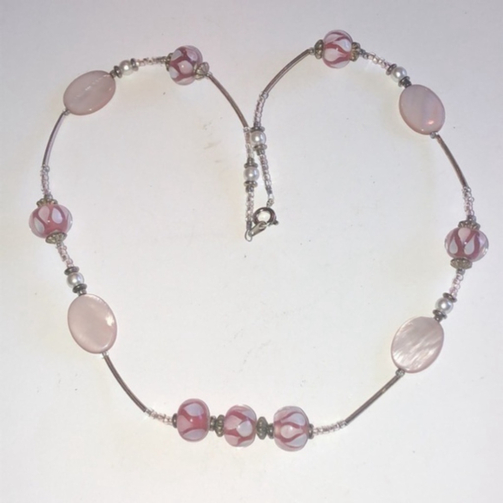 Silver Tone Pink & White Glass/Acrylic Beaded Boho Necklace
